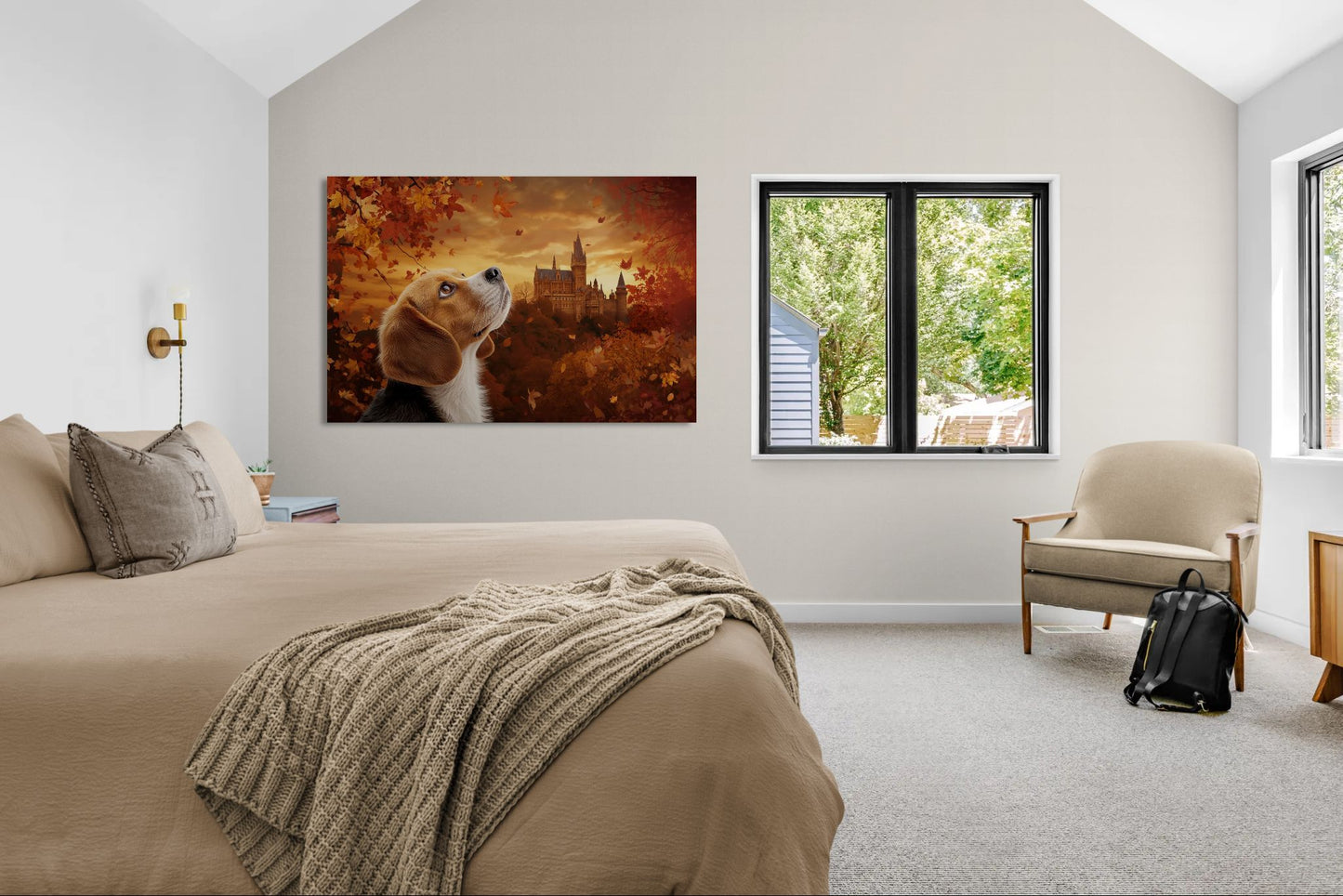Beagle dog autumn canvas wall art hanging on bedroom wall above bed with cozy neutral decor.