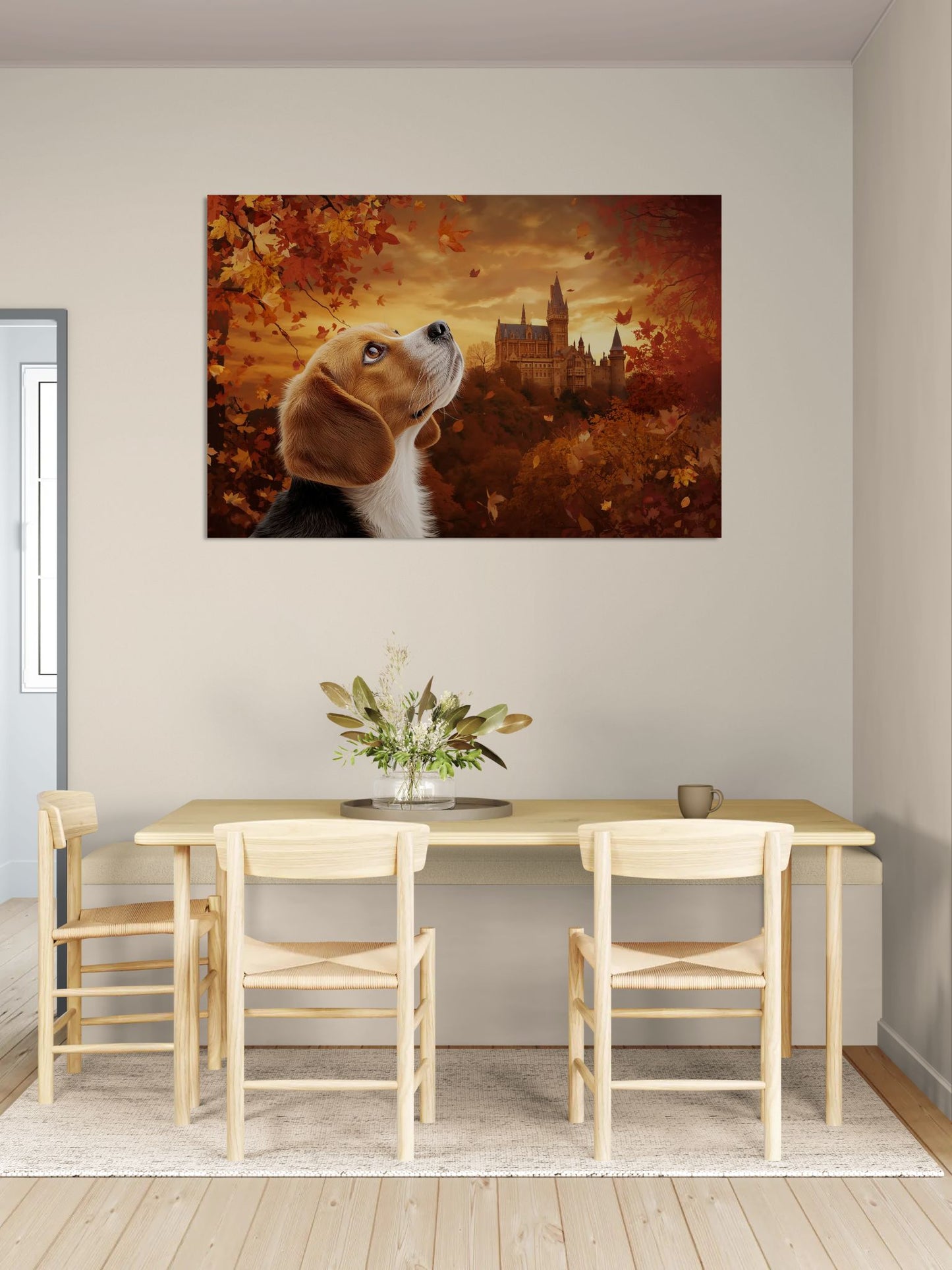 Beagle dog autumn canvas wall art hanging on dining room wall above wooden table chairs.