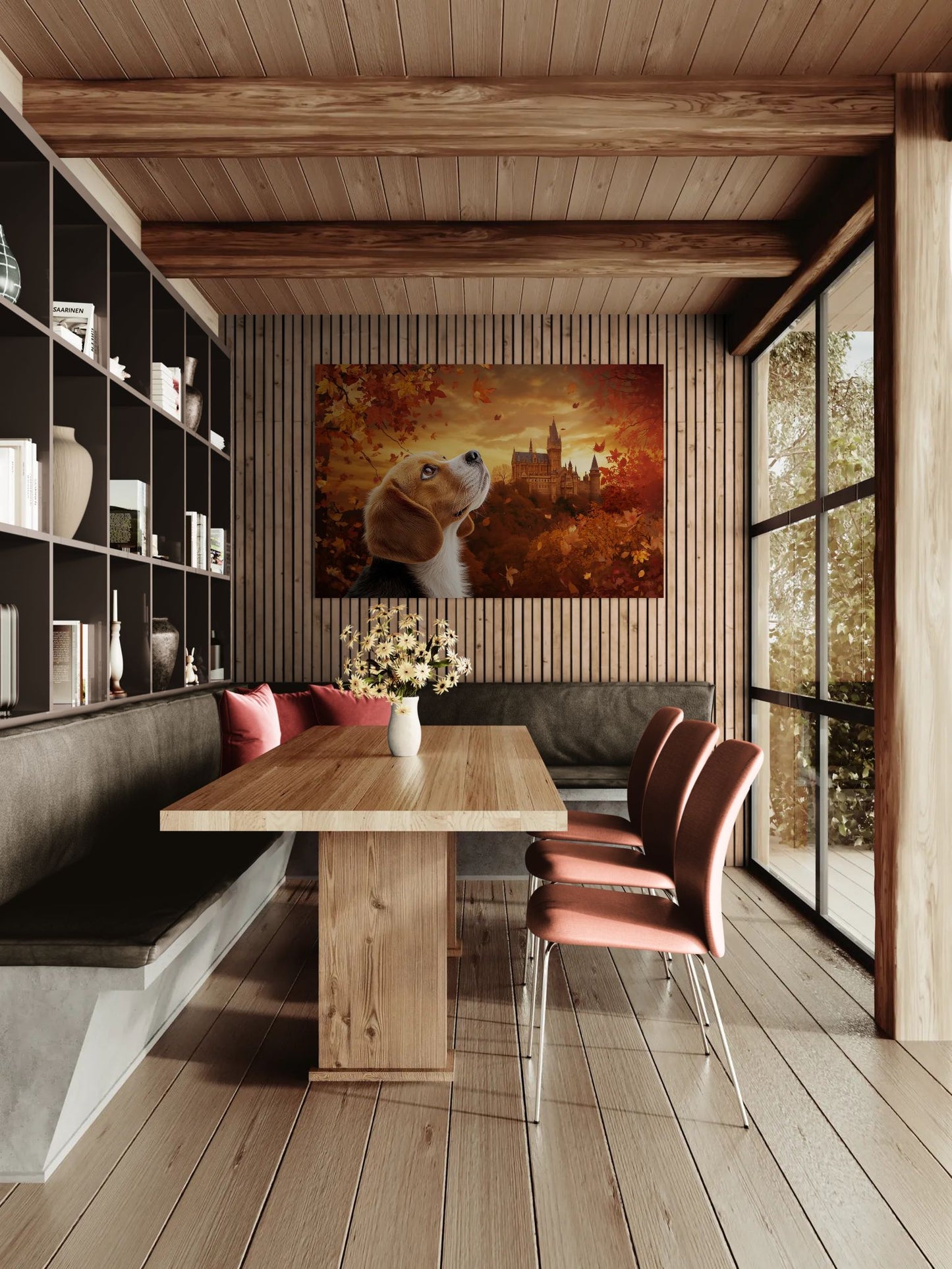 Beagle dog autumn canvas wall art displayed in modern dining room with wooden table and natural decor.