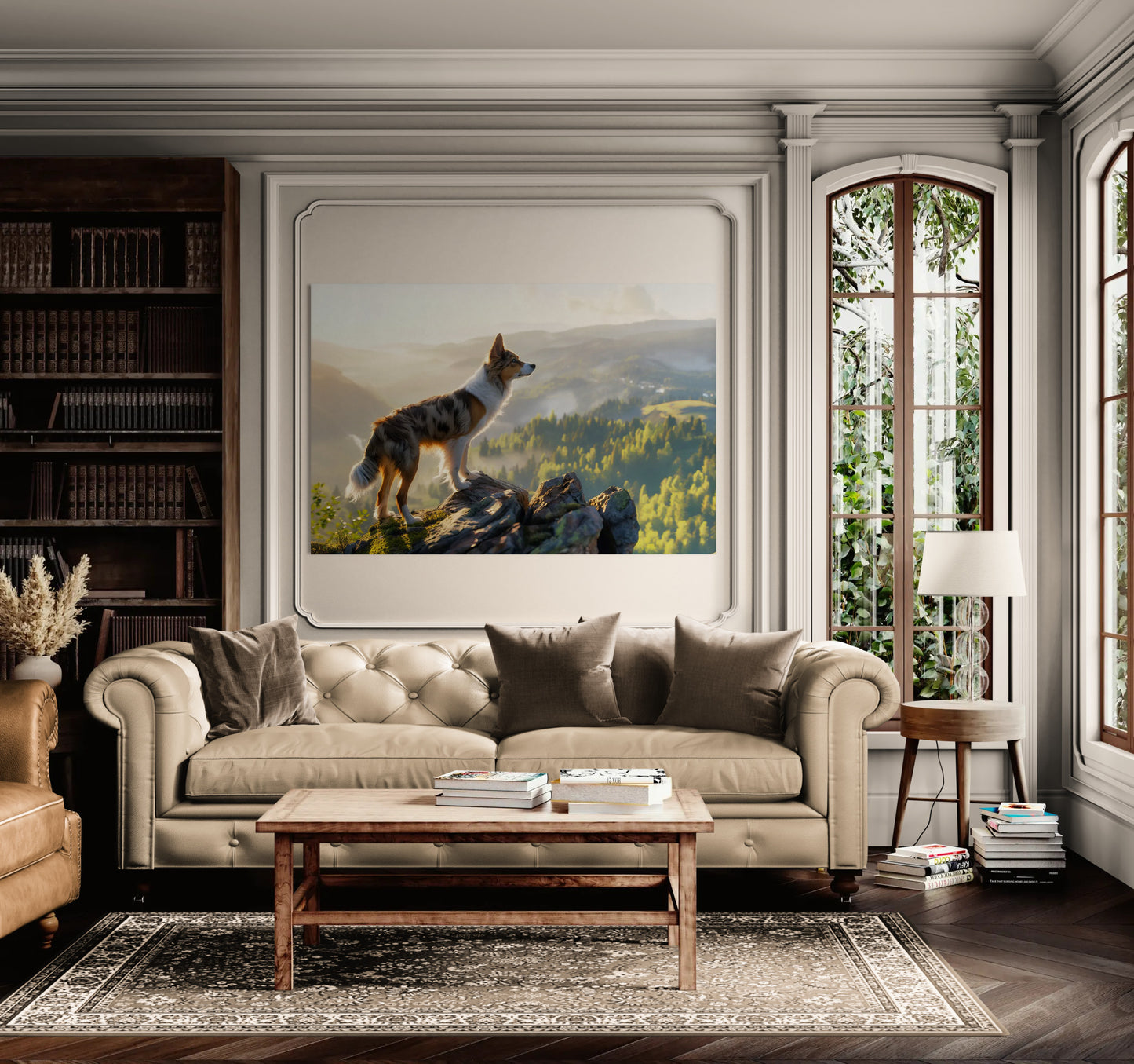 Border Collie wall art displayed in a traditional living room with decorative mouldings and elegant sofa