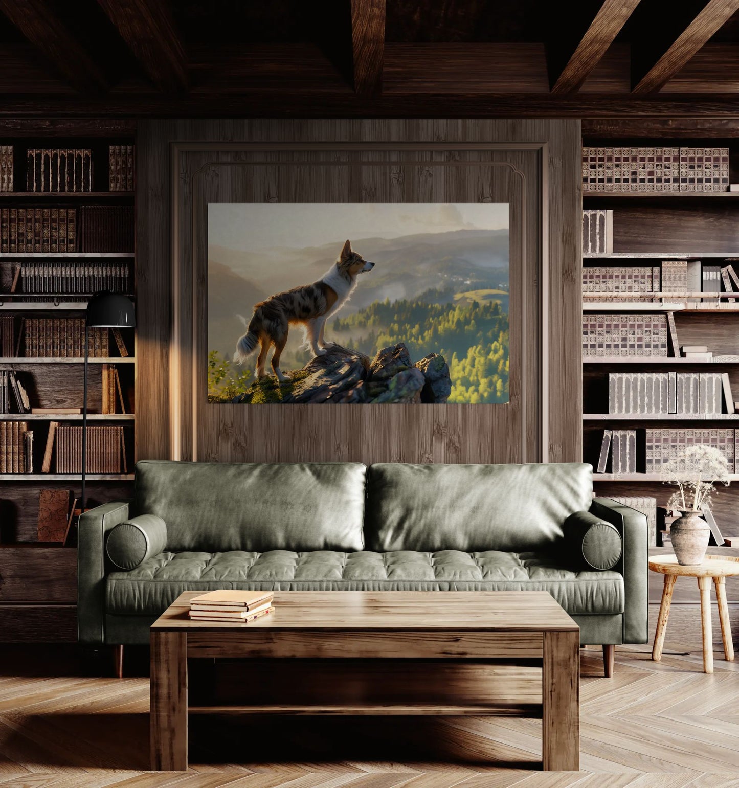 Border Collie wall art in a rustic living room with wooden walls and green sofa