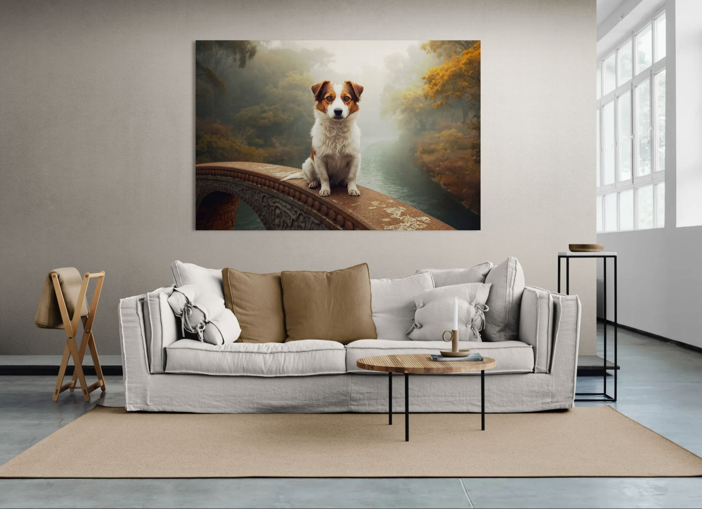 Dog portrait wall art on a stone bridge in misty autumn landscape, displayed in modern living room with beige sofa and neutral decor.