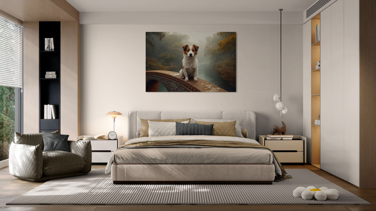 Dog portrait wall art on a stone bridge in misty autumn scenery, displayed above bed in modern minimalist bedroom with neutral decor.