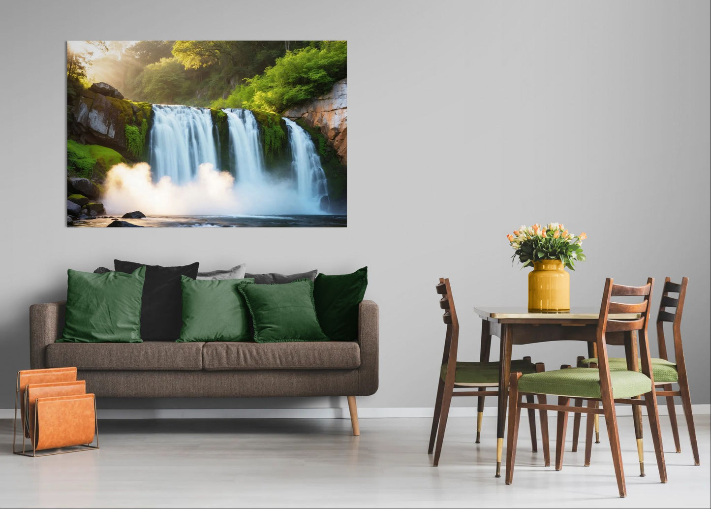 Forest waterfall wall art displayed above sofa with green pillows and dining table with flowers
