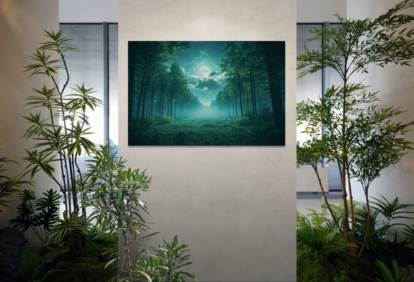 Moonlight forest canvas print hanging on a light modern wall surrounded by green plants