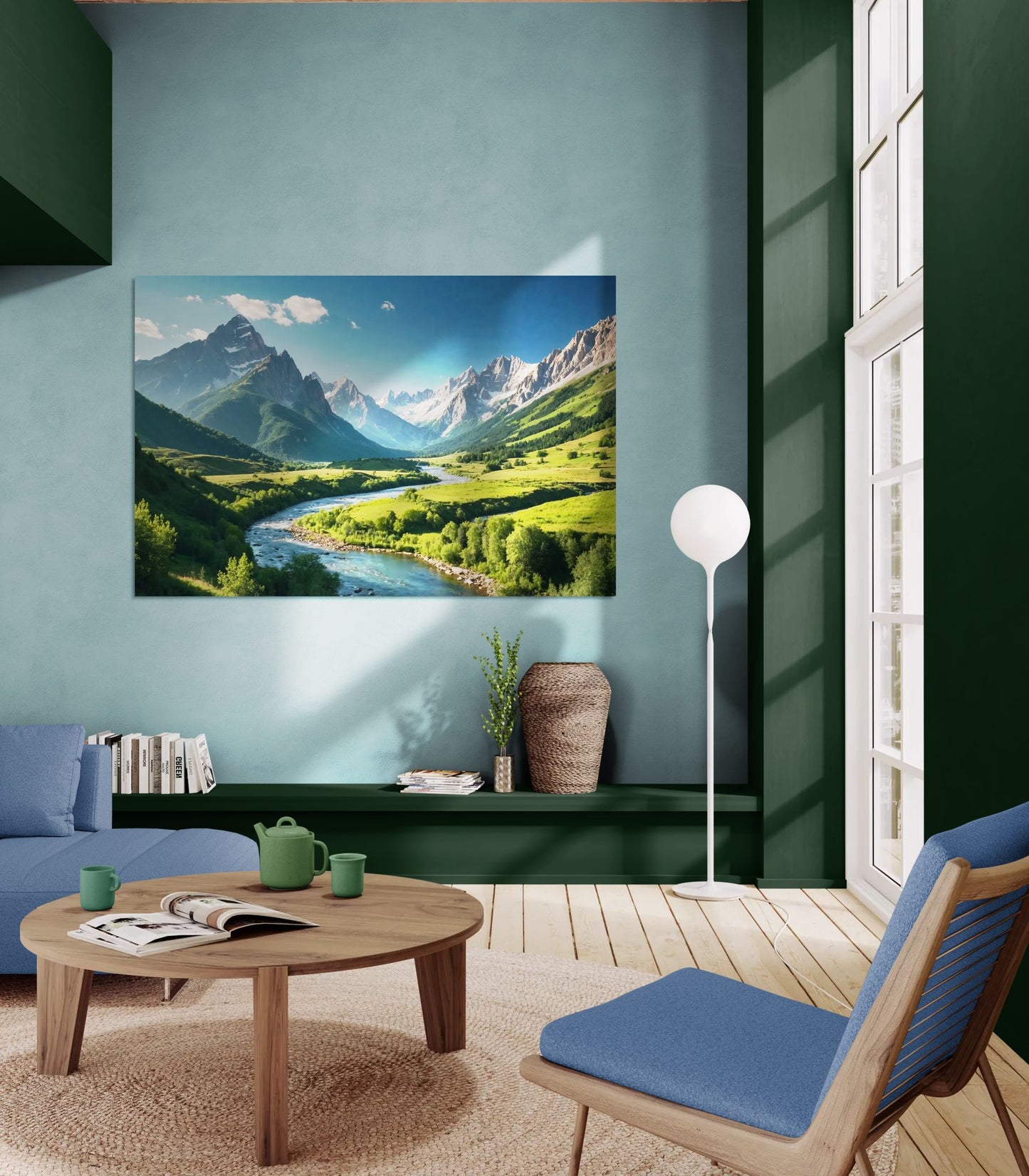 Mountain river valley scenic landscape wall art in a high ceiling living room with modern blue and green decor