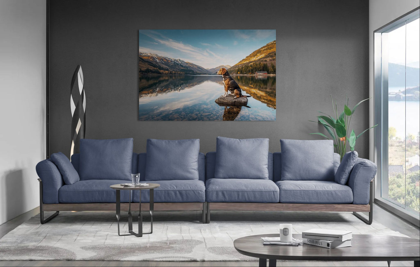 Canvas wall art of a beagle dog sitting by a scenic mountain lake landscape.