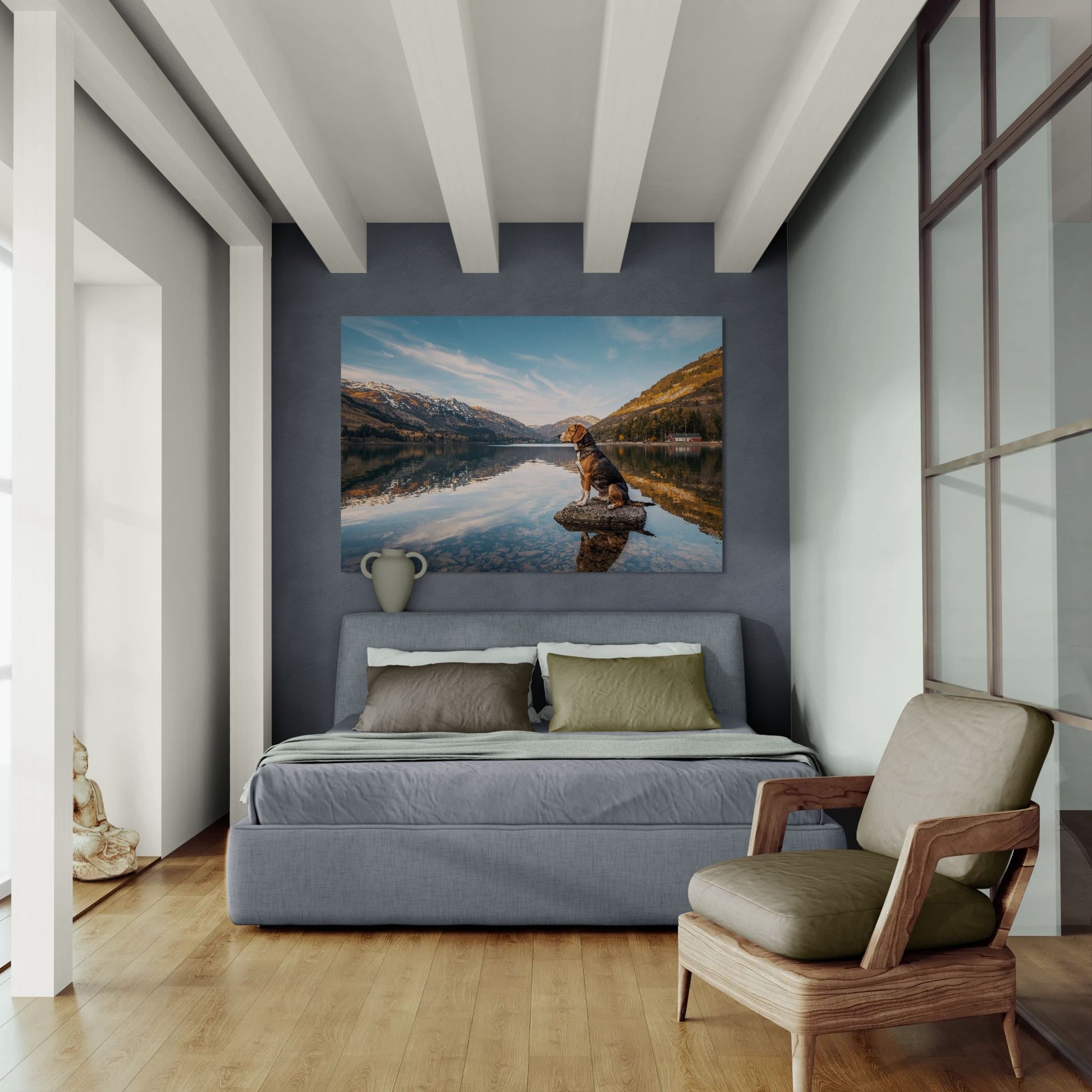 Canvas wall art of a beagle dog by a calm mountain lake, styled above bed for bedroom decor
