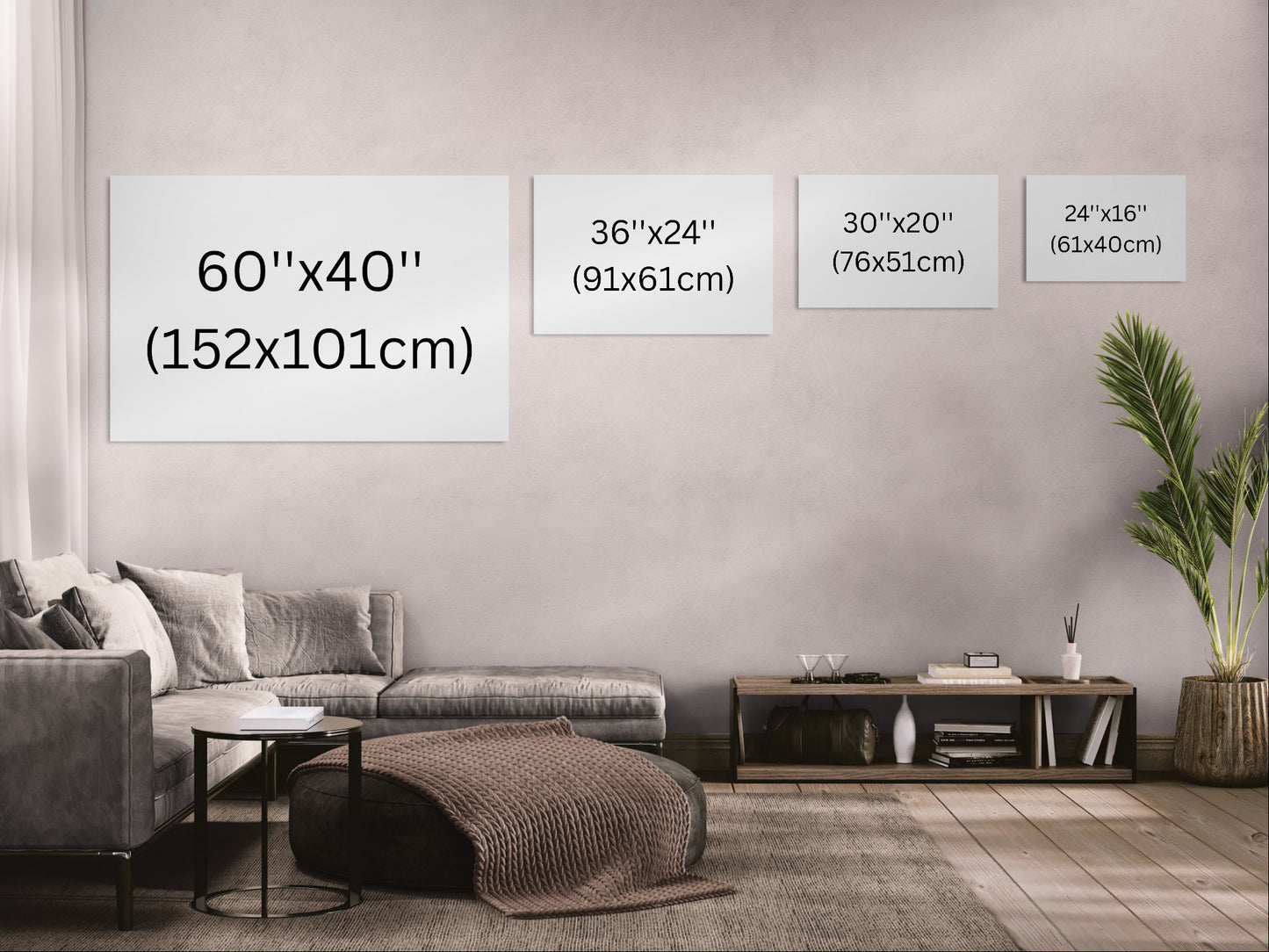 Canvas wall art size comparison showing 24x16, 30x20, 36x24, 60x40 inch options on a wall