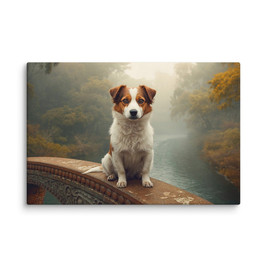 Dog sitting on an old stone bridge over a foggy river, serene nature wall art.