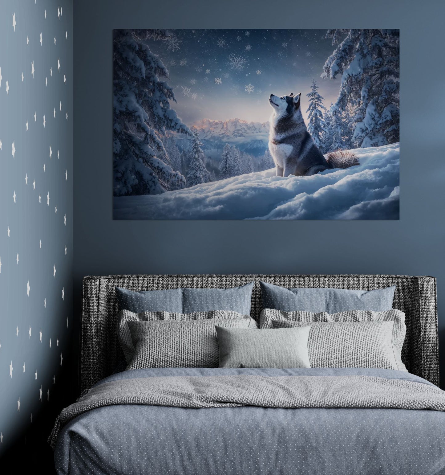 Alaskan Malamute winter wall art above bed in cozy bedroom interior