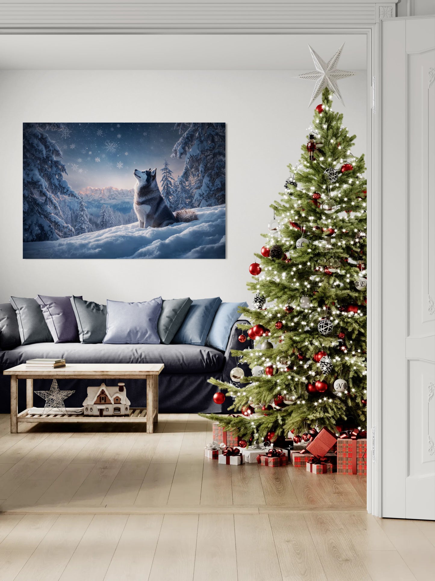 Alaskan Malamute winter wall art displayed in cozy living room with Christmas tree