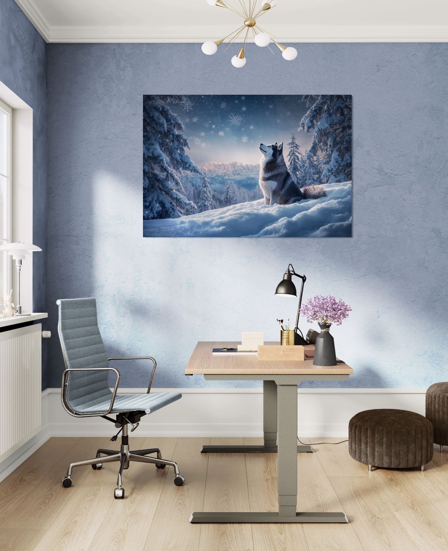 Alaskan Malamute winter wall art displayed above desk in modern home office