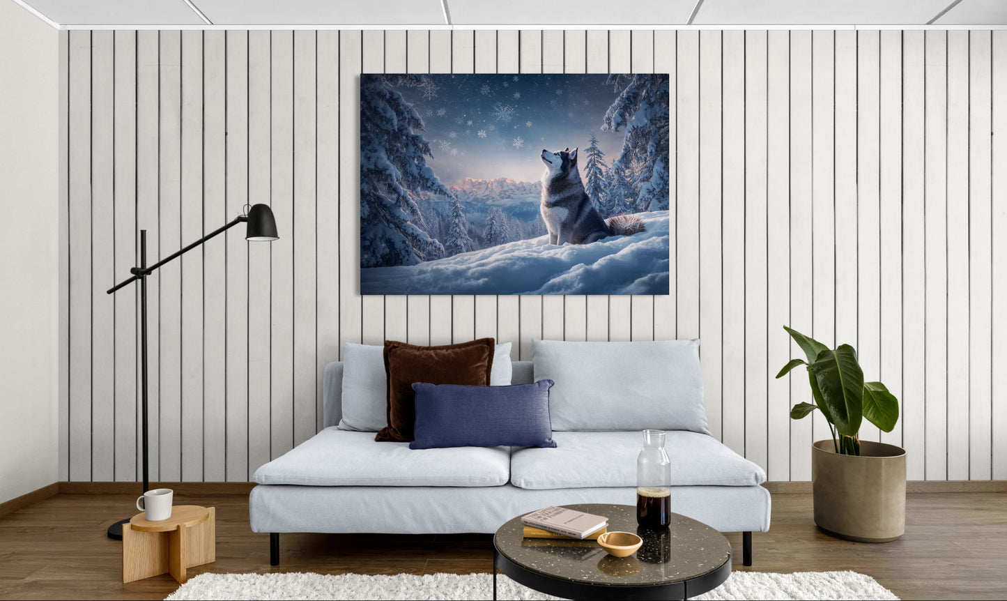 Alaskan Malamute winter wall art hanging above sofa in modern living room