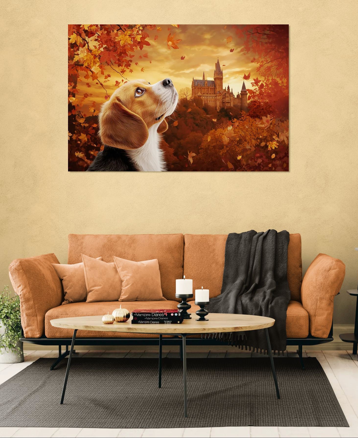 Cozy living room wall art featuring a beagle looking up at a falling autumn leaves with a castle in the background 