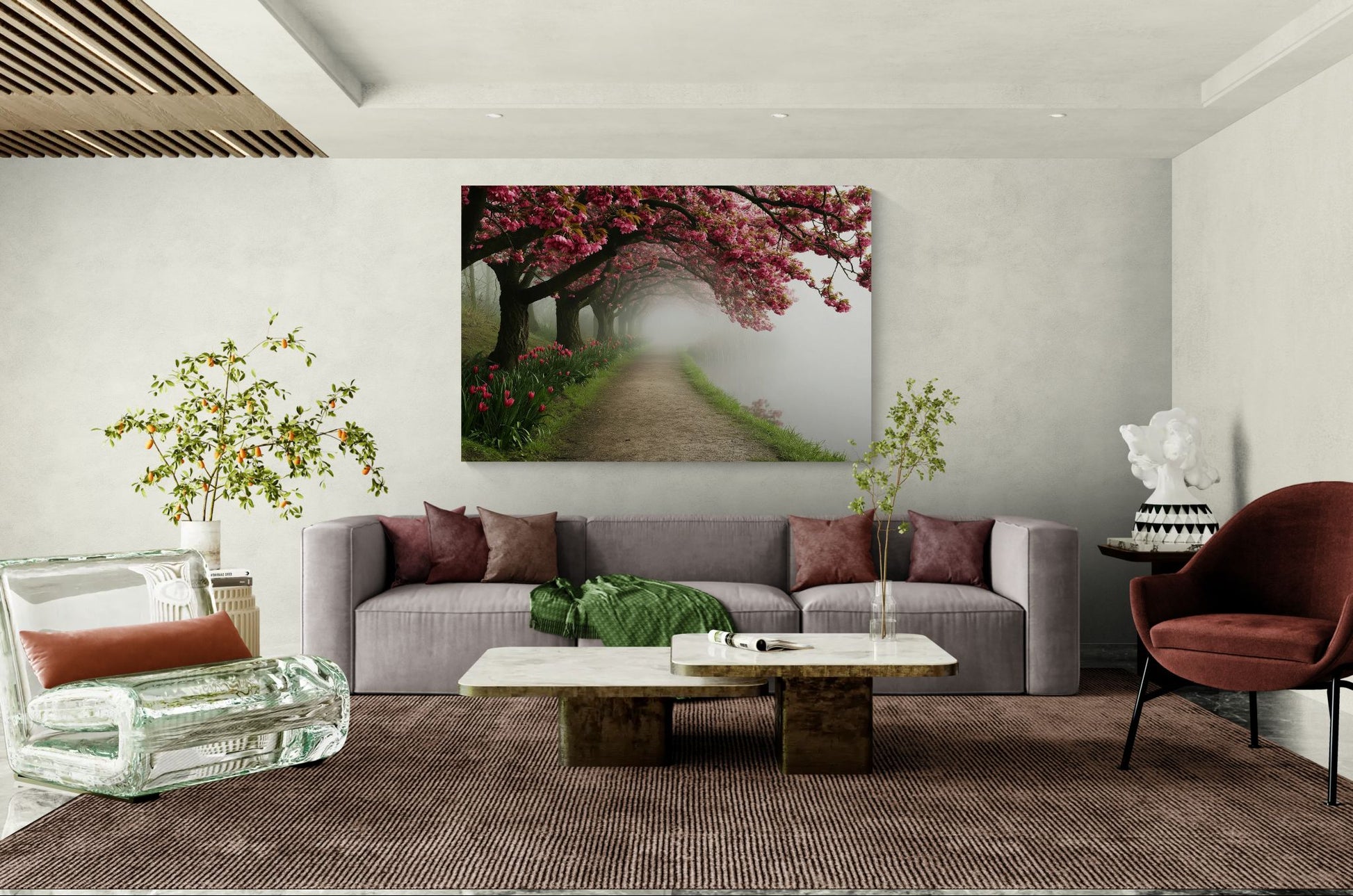 Blossoming tree path canvas displayed in a cozy modern living room