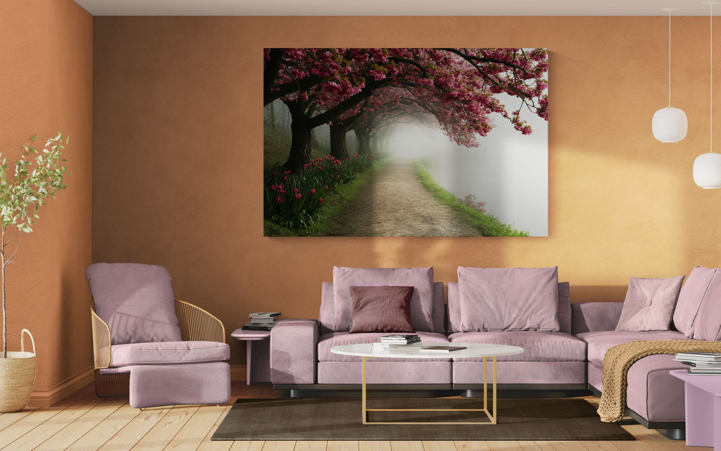 Blossoming tree path canvas displayed in a warm modern living room interior