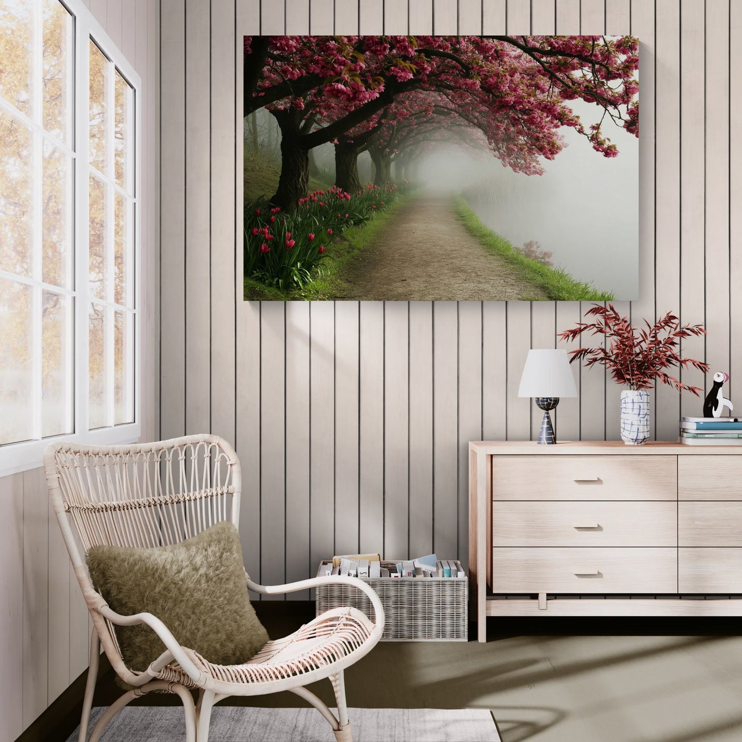 Blossoming tree path canvas displayed in a calm minimalist bedroom interior