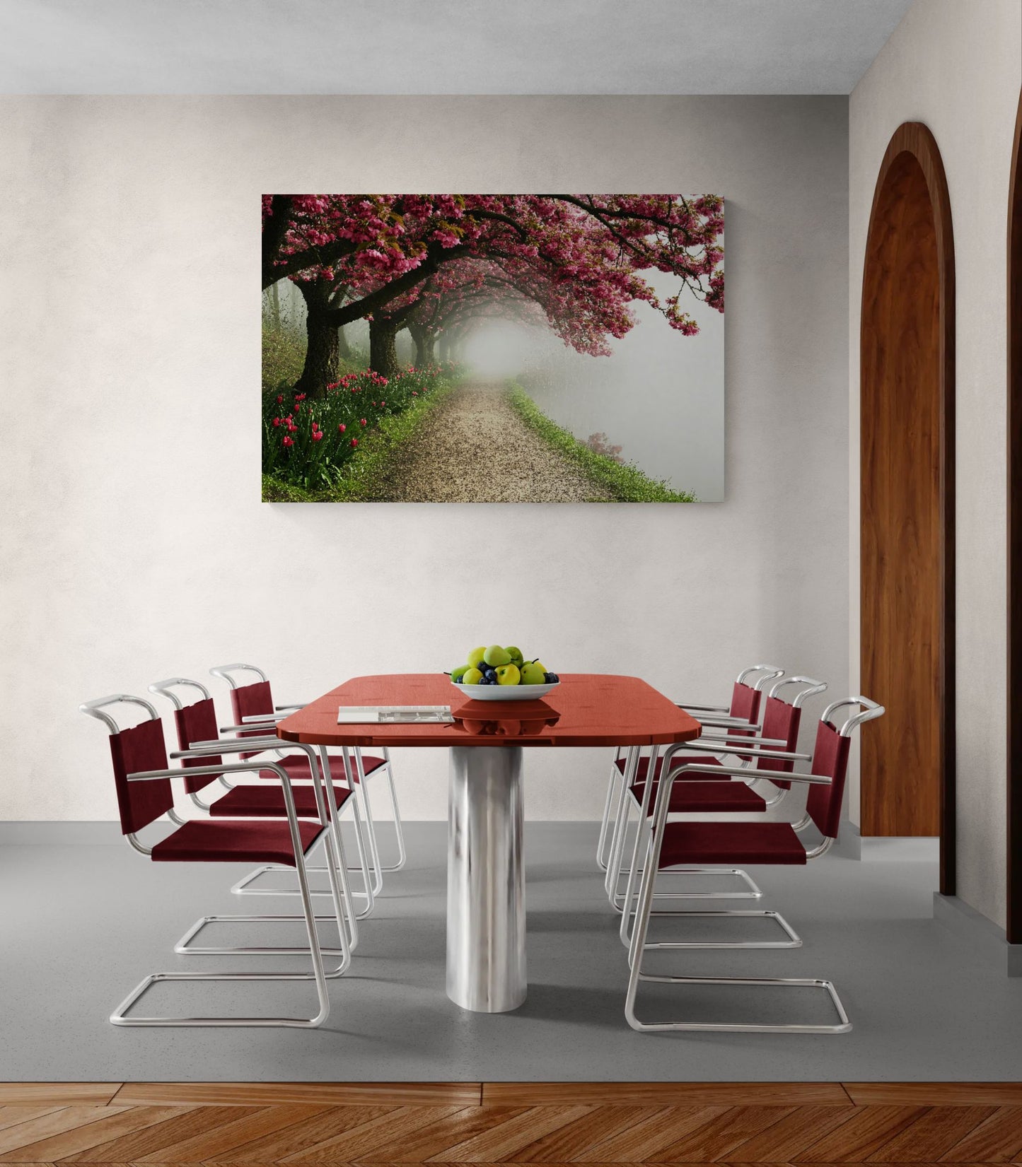 Blossoming tree path canvas displayed in a modern dining room interior