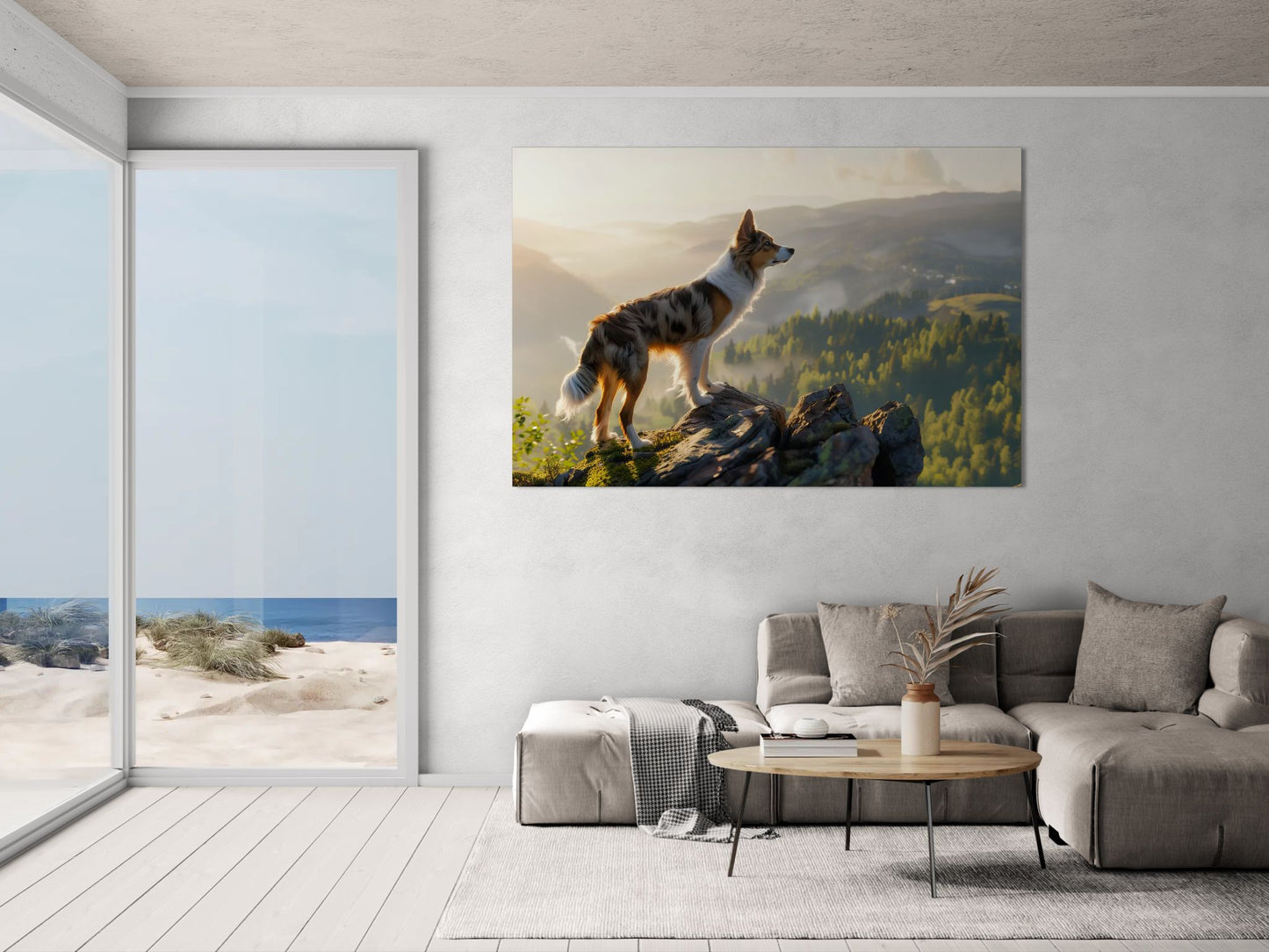 Border Collie mountain sunset canvas wall art displayed in a modern living room with large window and neutral sofa.
