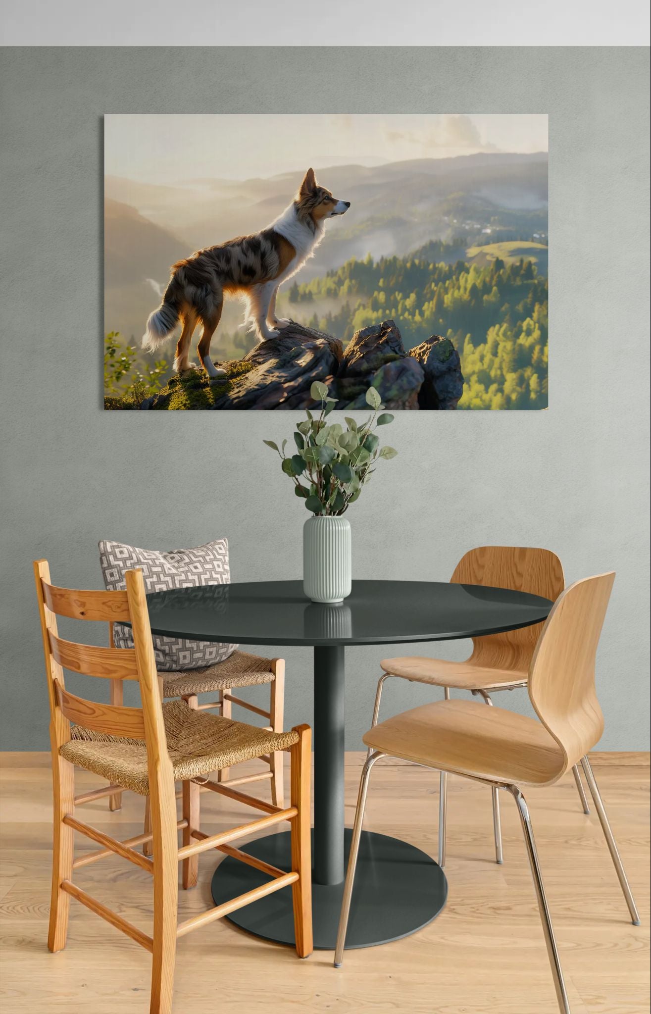 Border Collie wall art in a modern dining room with wooden chairs and round black table.