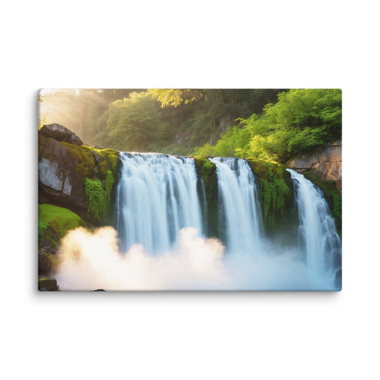 Waterfall canvas wall art - tranquil nature landscape with lush greenery and soft sunlight