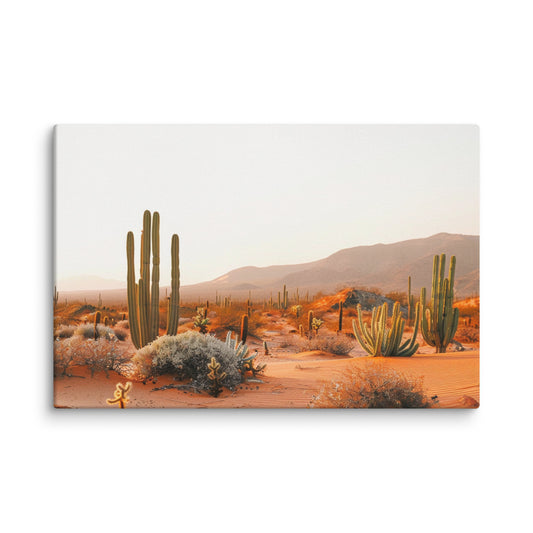 Desert landscape with cactus and mountains on a canvas print
