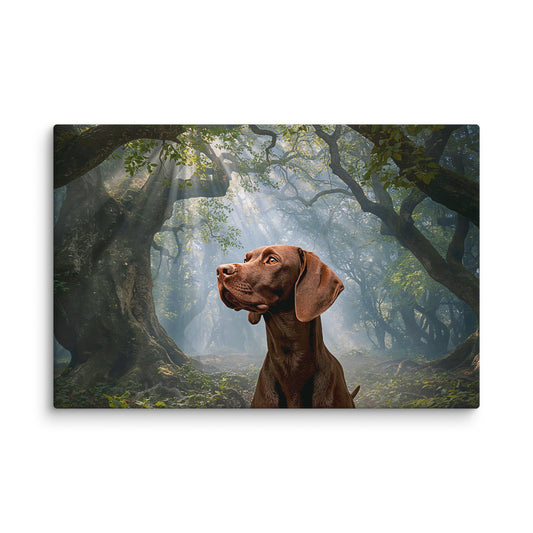 Brown dog looking up in an enchanted forest - canvas wall art