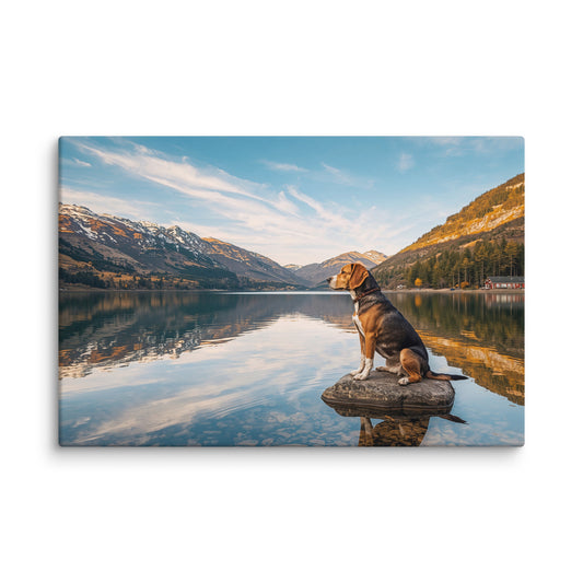 Beagle dog sitting on a rock by a scenic mountain lake - canvas wall art