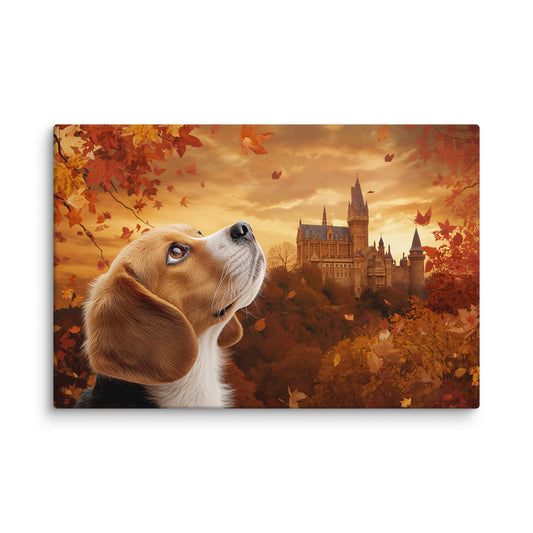 Beagle dog sitting among autumn leaves with a castle in the background - canvas wall art.