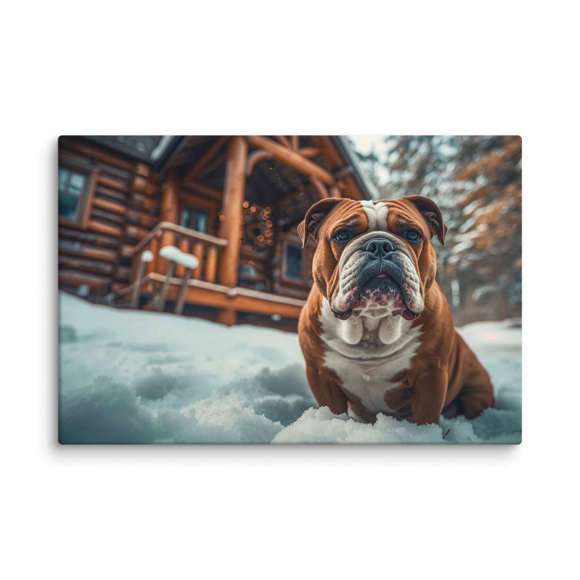 English Bulldog sitting in snow in front of a rustic wood cabin during winter