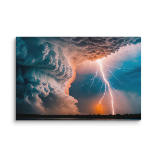 Canvas print of a dramatic thunderstorm with lightning bolts.
