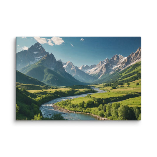Scenic view of mountains and a river on a canvas print