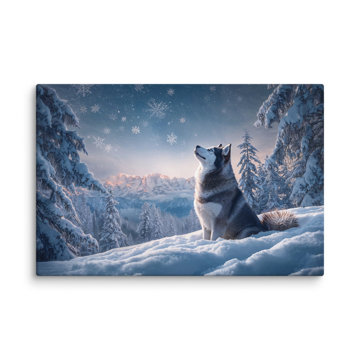 Alaskan Malamute dog sitting in snowy mountain landscape, watching falling snowflakes under blue winter sky