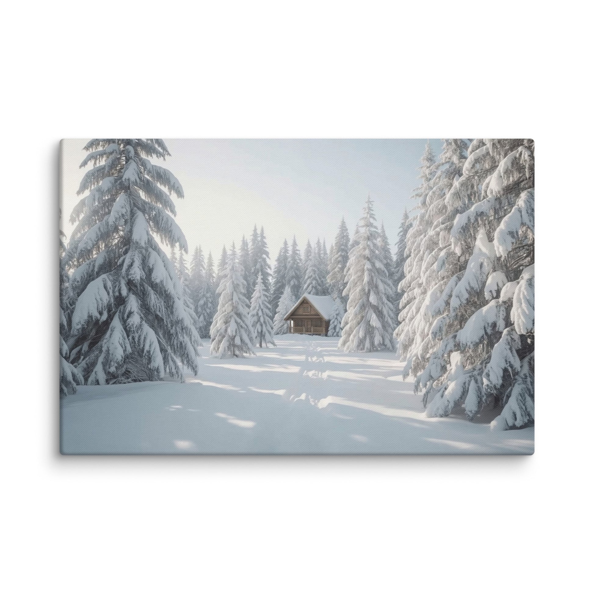 Cozy wooden cabin surrounded by snowy pine trees on a calm winter day, fine art wall print by True Home Arts.