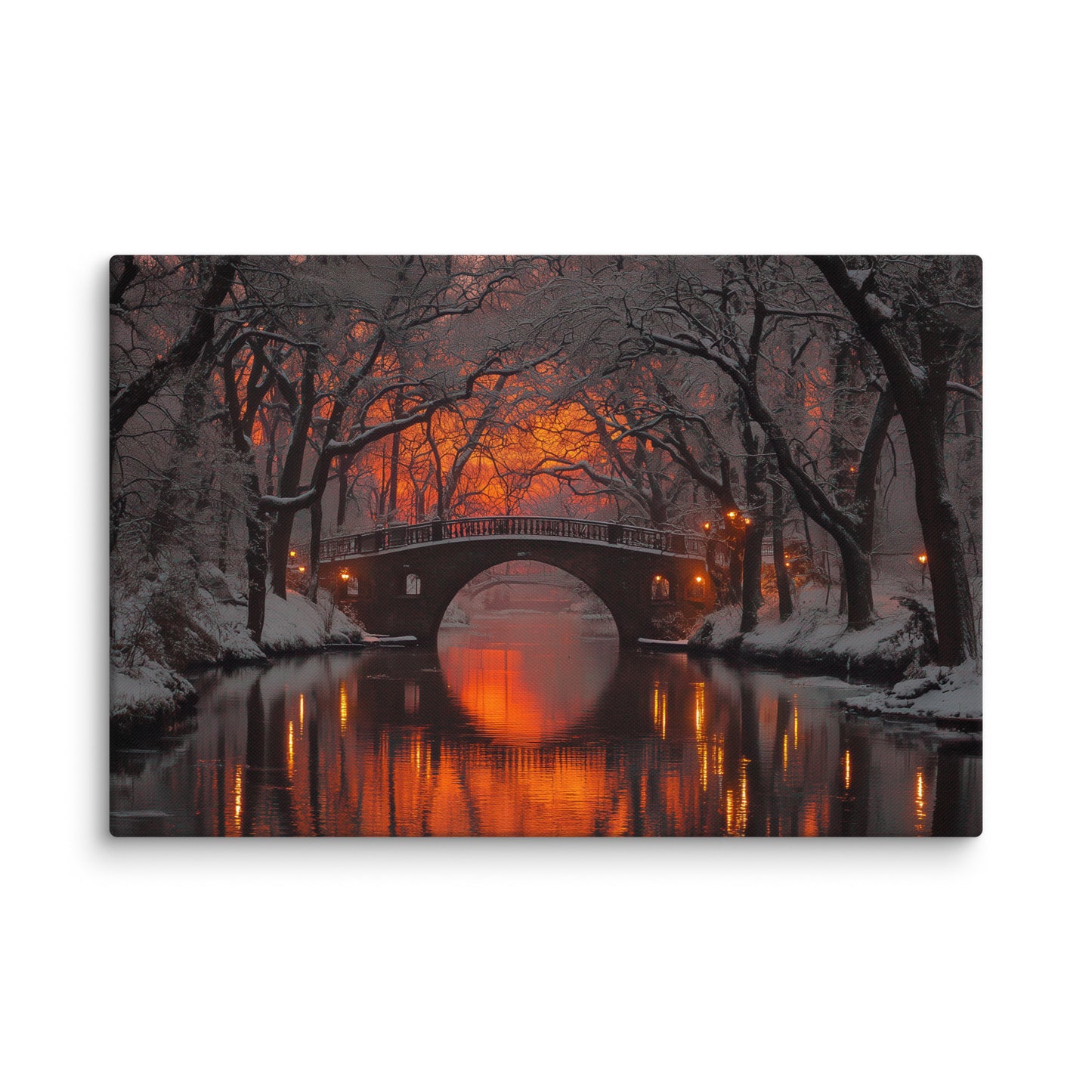 Cozy winter canvas wall art featuring a glowing bridge reflected in calm water, creating a warm and peaceful winter atmosphere.