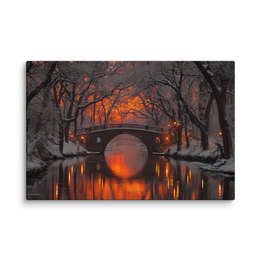 Cozy winter canvas wall art featuring a glowing bridge reflected in calm water, creating a warm and peaceful winter atmosphere.