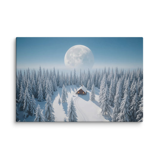 Winter cabin in a snowy pine forest under a full moon, peaceful winter night landscape wall art