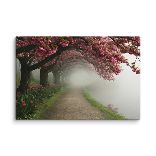 Misty spring path lined with blossoming trees, peaceful nature canvas print