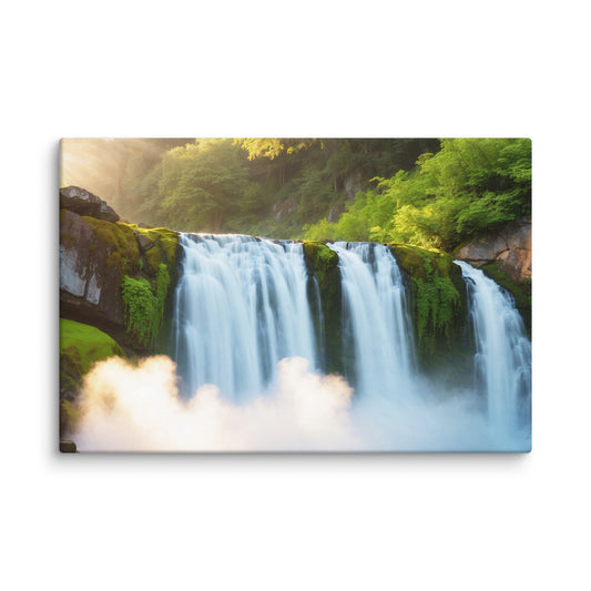 Nature canvas artwork with waterfall displayed in cozy room