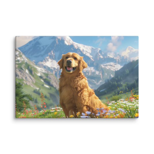 Golden retriever canvas wall art mockup in cozy home interior
