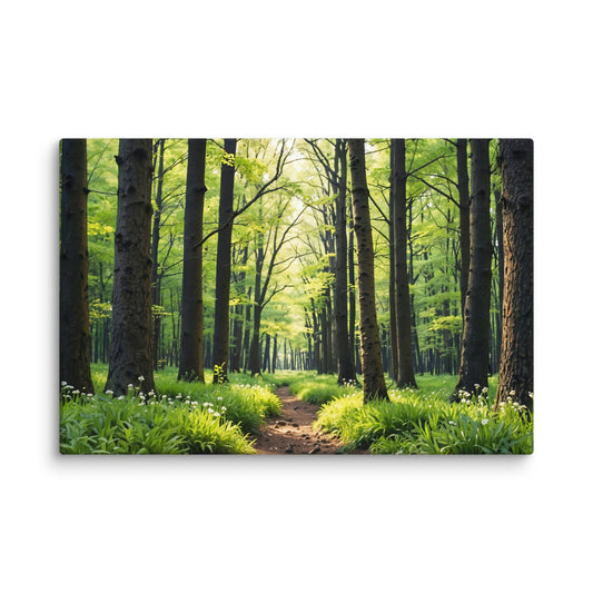 Tranquil forest path canvas wall art mockup in modern living room