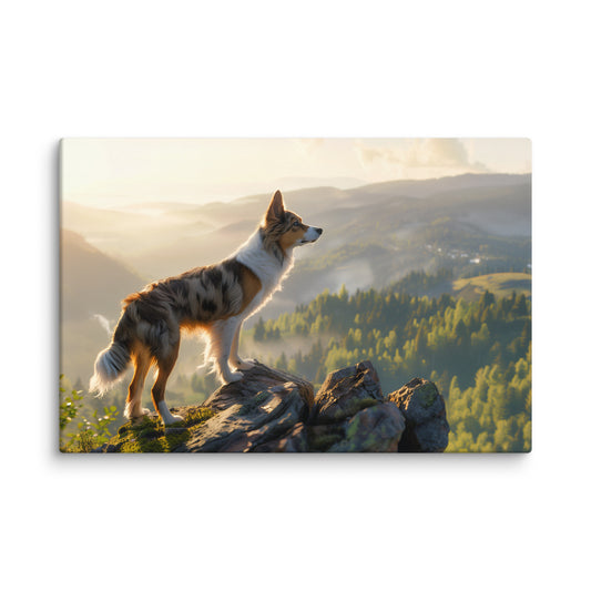 Close-up of Border Collie canvas print with rocky cliff and forest background