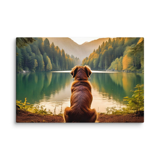 Canvas wall art of a dog gazing at a mountain lake with forest reflections