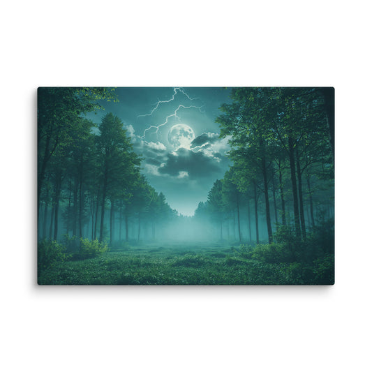 Moonlight shining through tall forest trees with mist and soft lightning - tranquil nature wall art