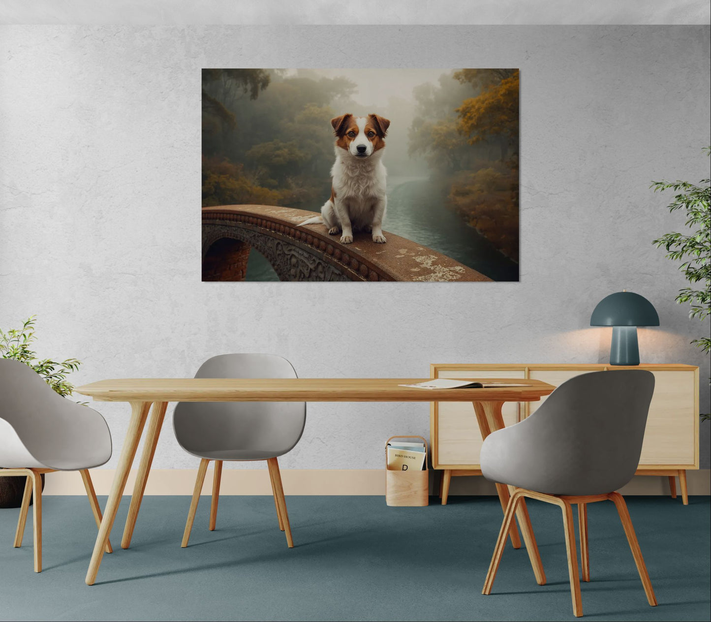 Dog portrait wall art on a stone bridge in misty autumn scenery, displayed in modern office with wooden desk and minimalist chairs.