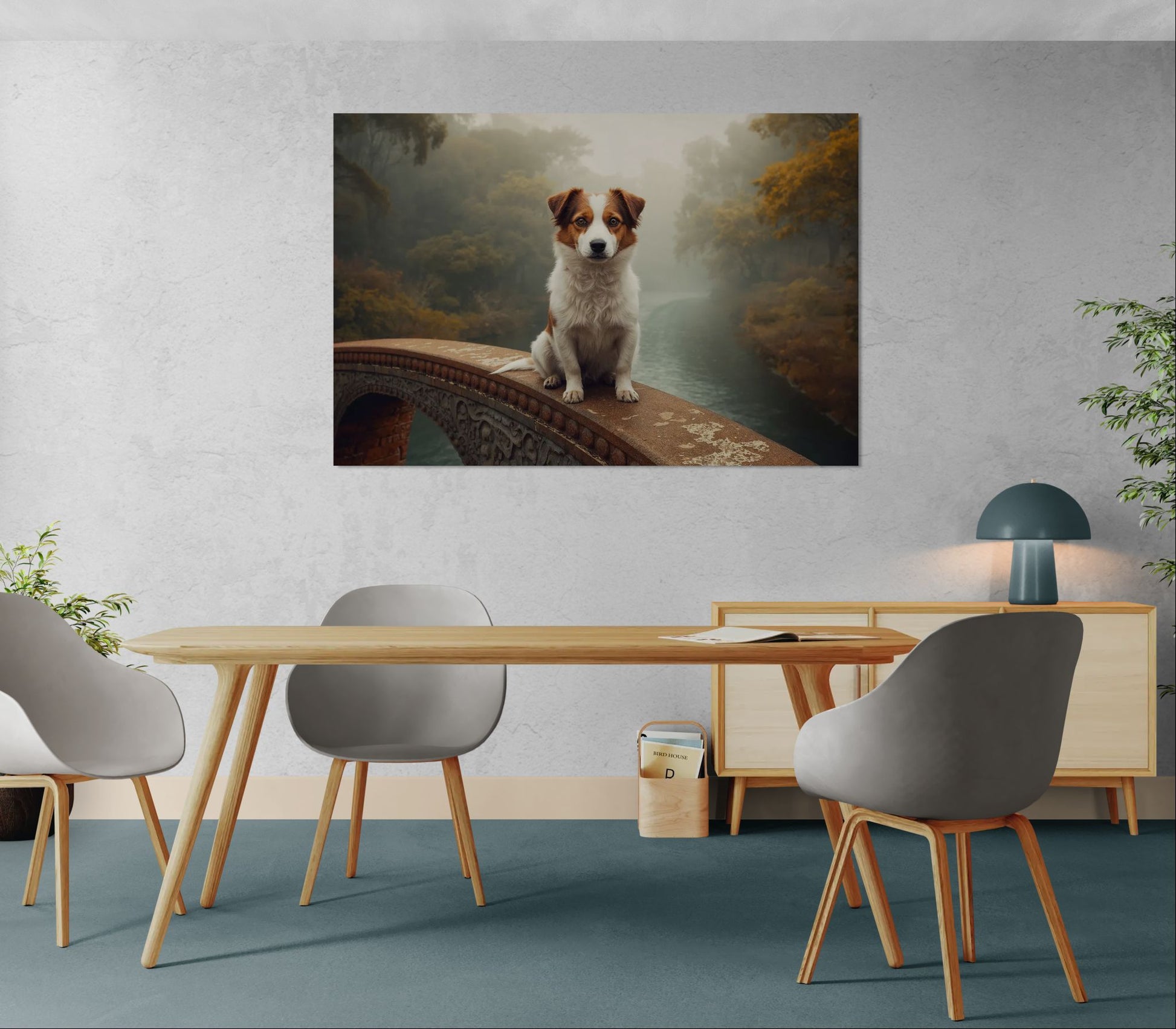 Dog portrait wall art on a stone bridge in misty autumn scenery, displayed in modern office with wooden desk and minimalist chairs.