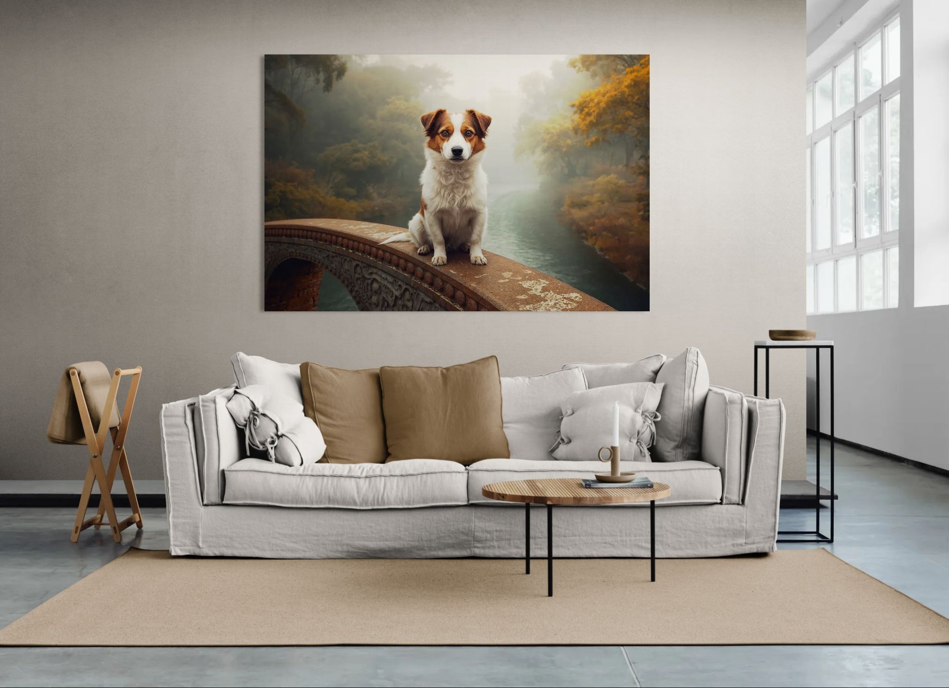 Dog portrait wall art on a stone bridge in misty autumn landscape, displayed in modern living room with beige sofa and neutral decor.