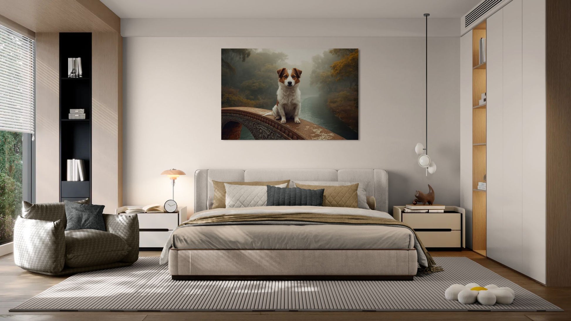 Dog portrait wall art on a stone bridge in misty autumn scenery, displayed above bed in modern minimalist bedroom with neutral decor.