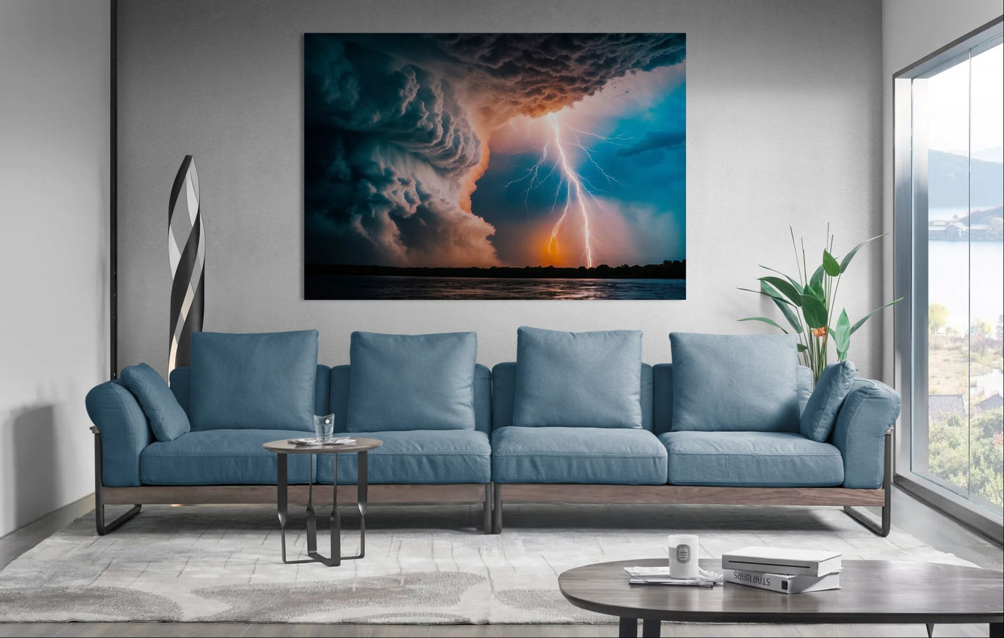 Dramatic sky lightning wall art in a modern living room with blue sofa and large window view.